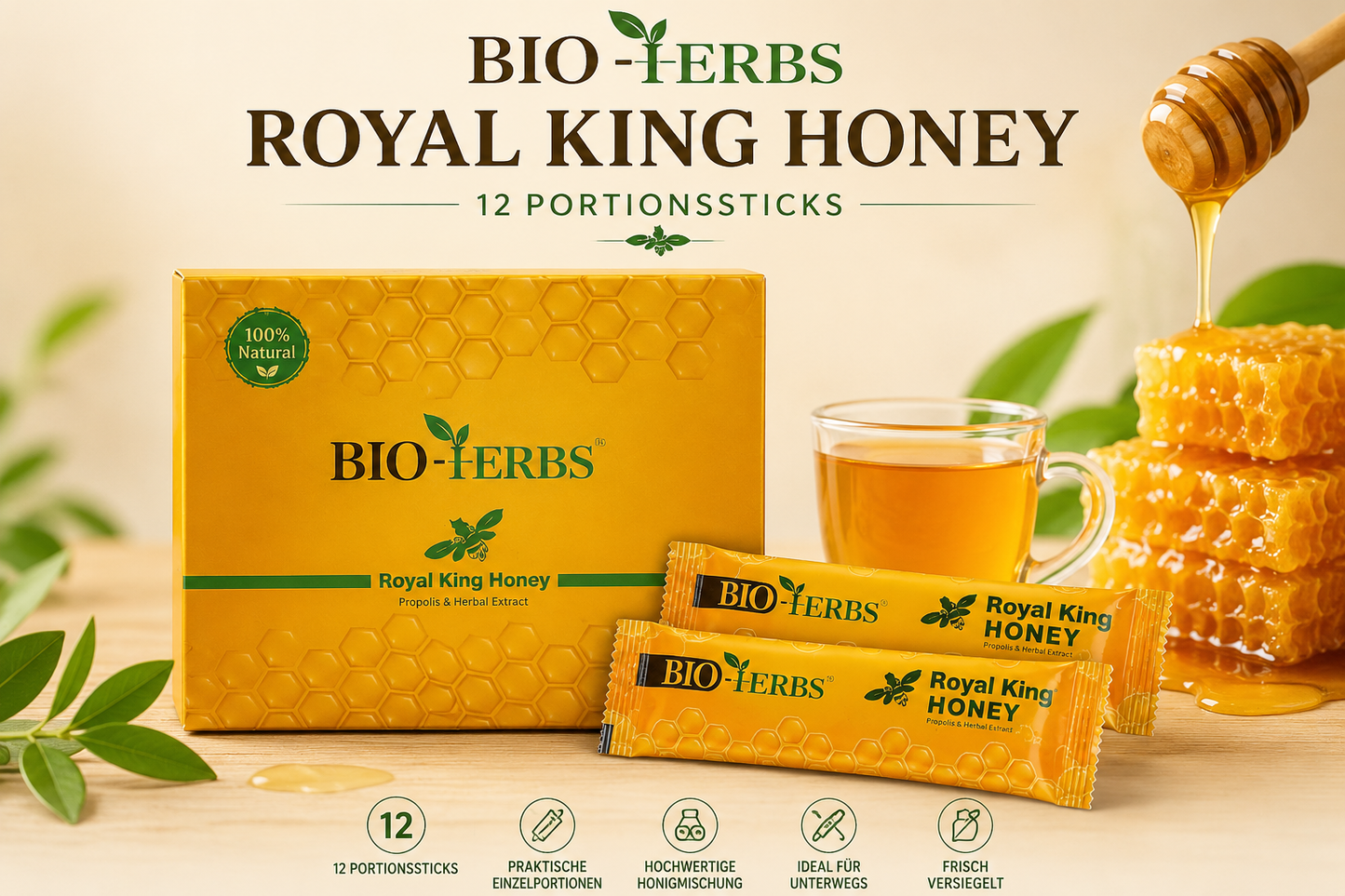Royal King Honey Sticks Bio Herbs – 12 Portionsbeutel Honigmischung